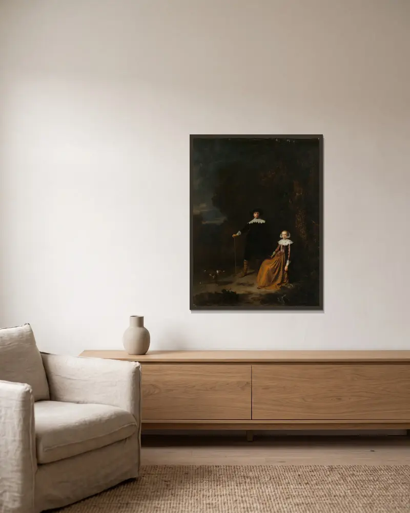 Portrait of a Couple in a Landscape av Gerrit Dou inramad på en vägg