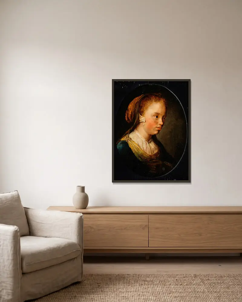 Bildnis eines jungen Mädchens von Gerrit Dou gerahmt an einer Wand