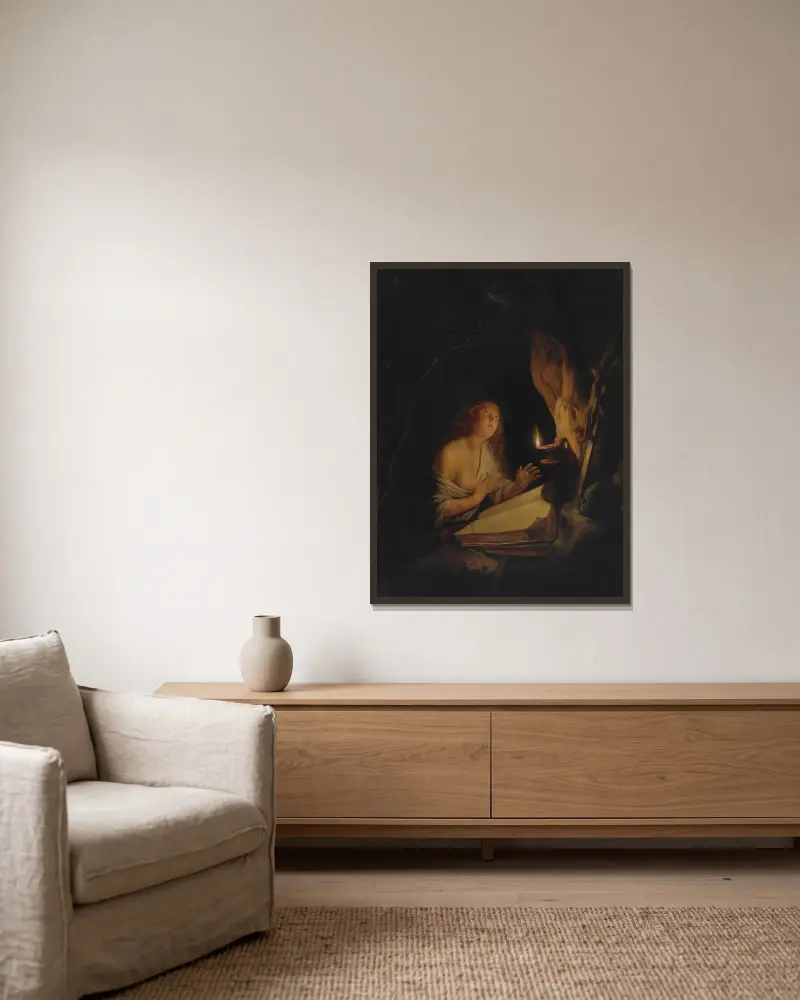 The Penitent Magdalene By Candlelight av Gerrit Dou inramad på en vägg