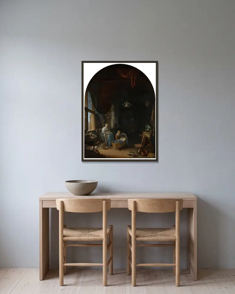 The Young Mother av Gerrit Dou inramad på en vägg