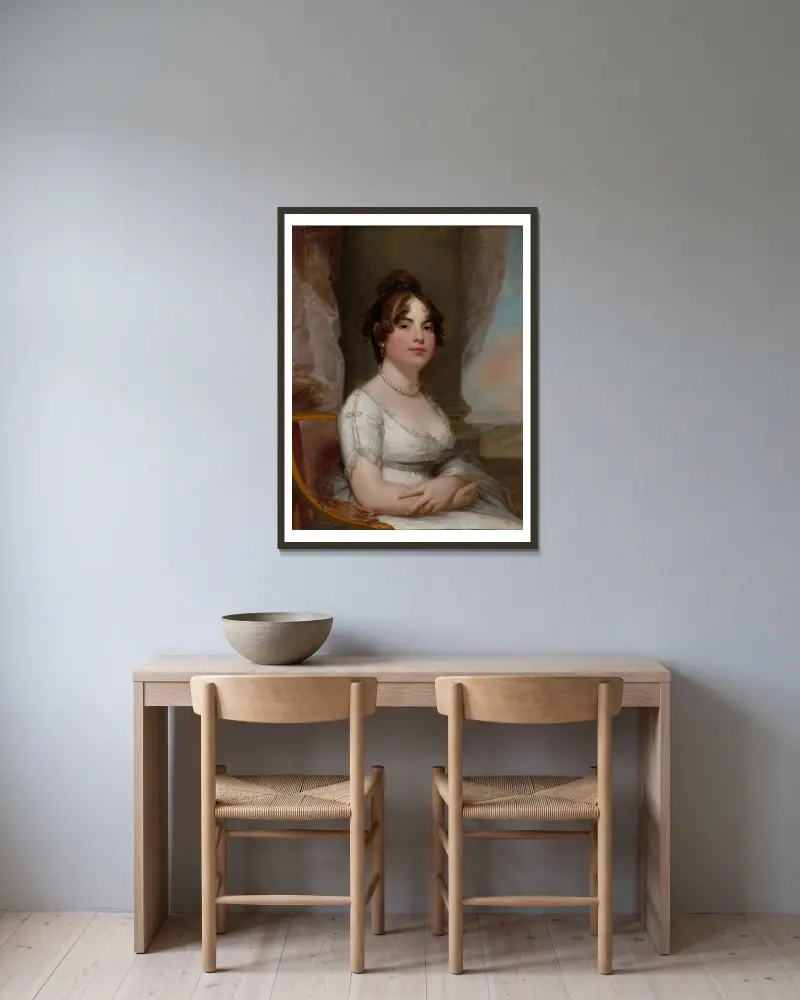 Elizabeth Beltzhoover Mason (c. 1803–5) av Gilbert Stuart inramad på en vägg