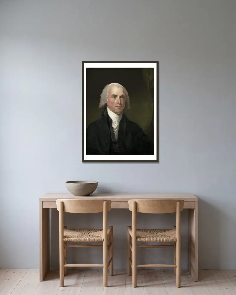 James Madison av Gilbert Stuart inramad på en vägg