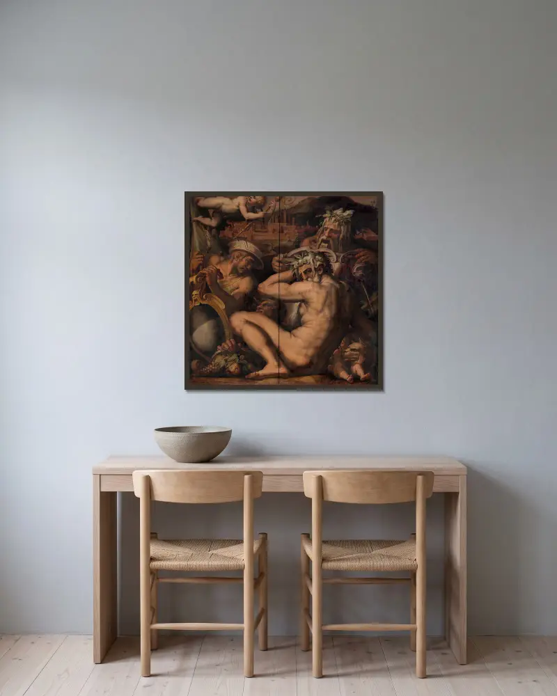 Allegori över Borgo San Sepolcro och Anghiari av Giorgio Vasari inramad på en vägg