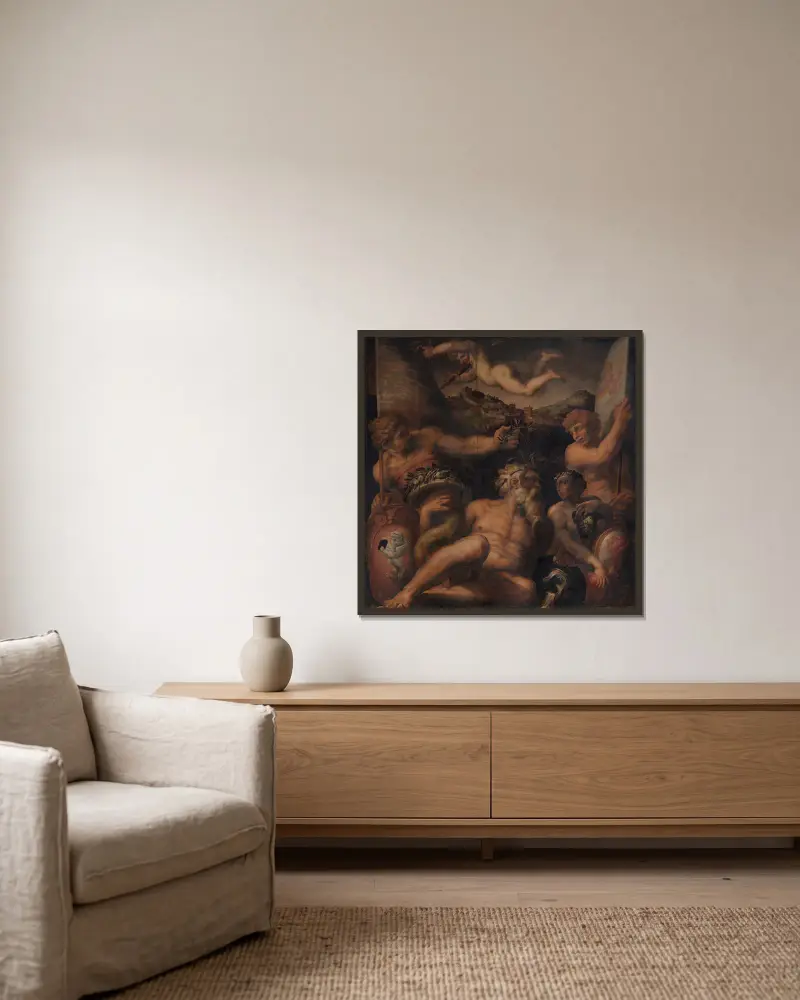 Allegori över Cortona och Montepulciano av Giorgio Vasari inramad på en vägg