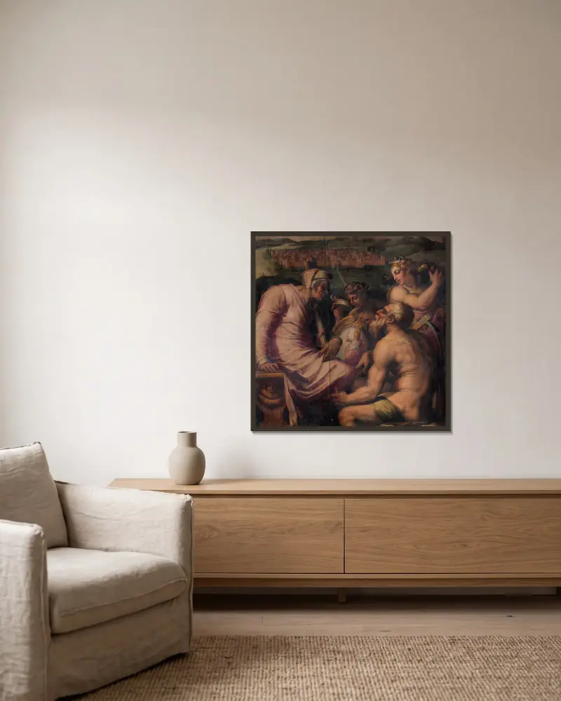 Allegori över San Giovanni Valdarno av Giorgio Vasari inramad på en vägg