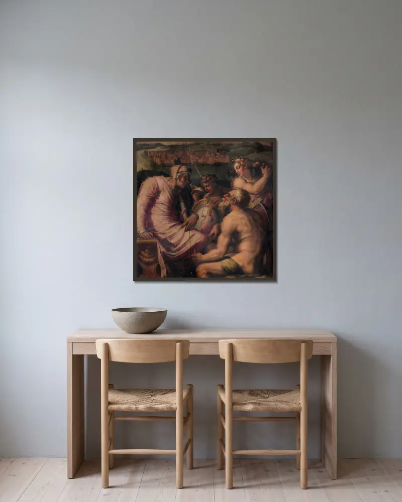 Allegori över San Giovanni Valdarno av Giorgio Vasari inramad på en vägg