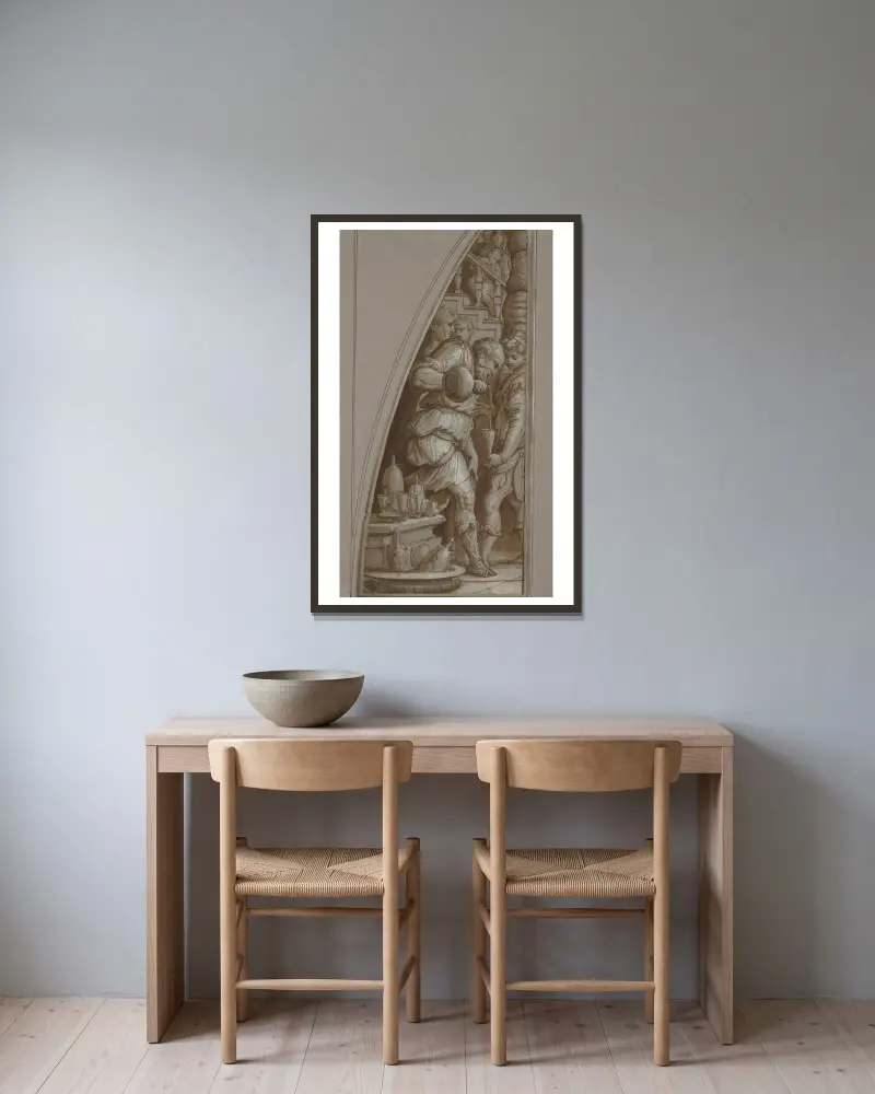 Skäggig man som fyller ett glas av Giorgio Vasari inramad på en vägg