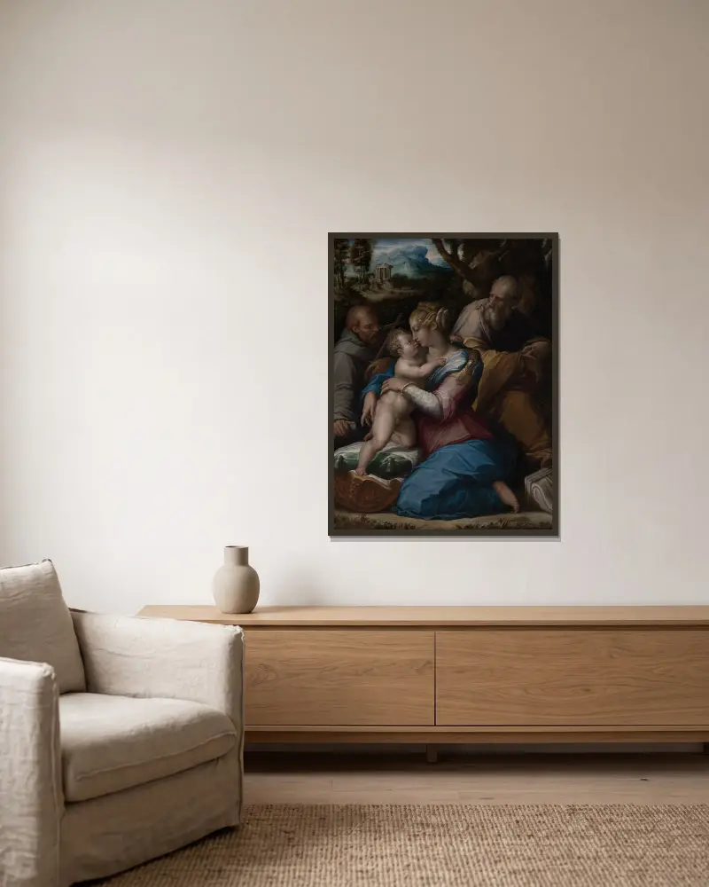 Den heliga familjen med Franciskus av Giorgio Vasari inramad på en vägg