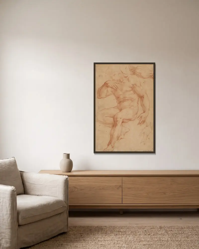 Studien eines männlichen Akts, einer Draperie und einer Hand von Giorgio Vasari gerahmt an einer Wand