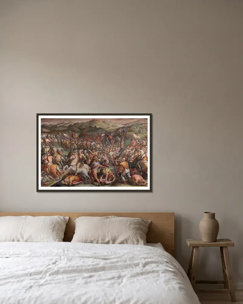 Slaget vid Marciano i Val di Chiana av Giorgio Vasari inramad på en vägg