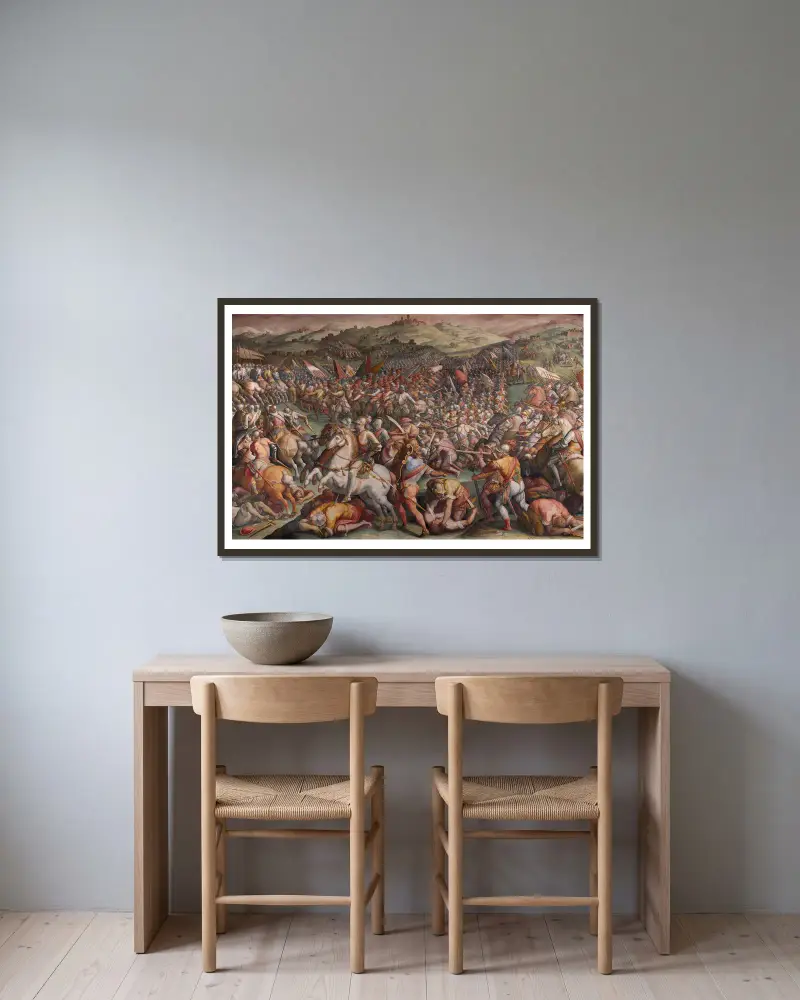 Slaget vid Marciano i Val di Chiana av Giorgio Vasari inramad på en vägg