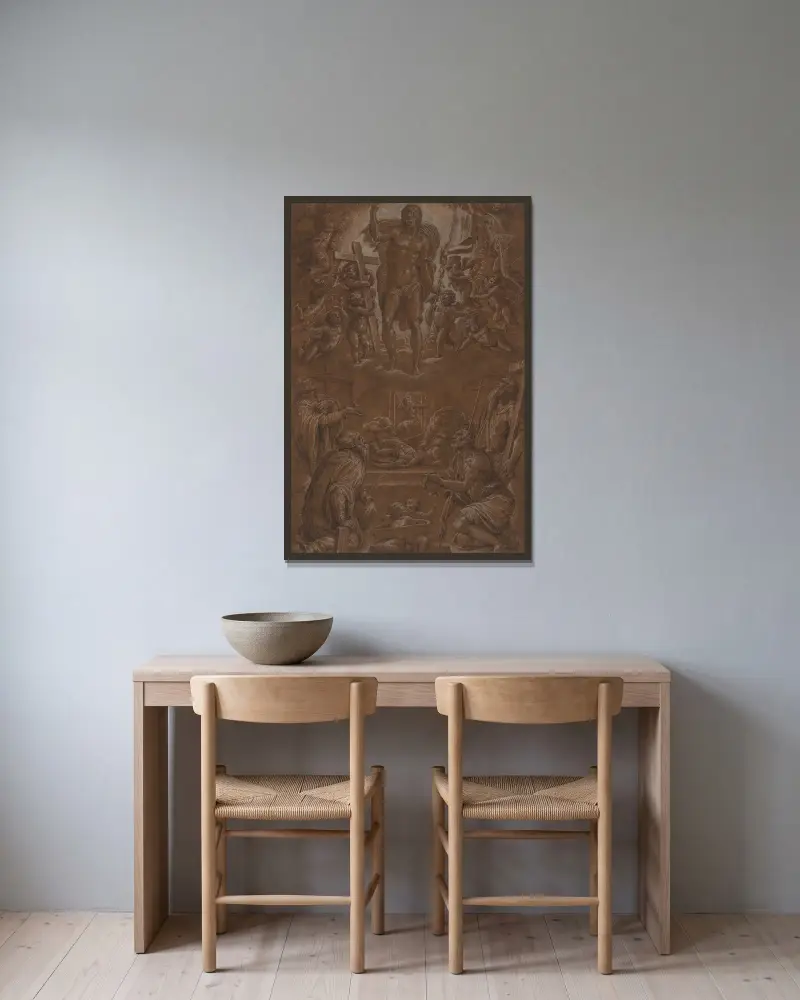 Der auferstandene Christus, von Heiligen und Engeln angebetet von Giorgio Vasari gerahmt an einer Wand