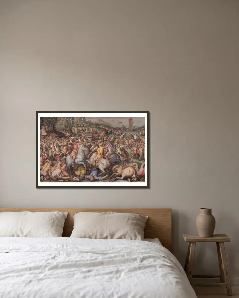 Die Flucht der Pisaner bei Torre San Vincenzo von Giorgio Vasari gerahmt an einer Wand