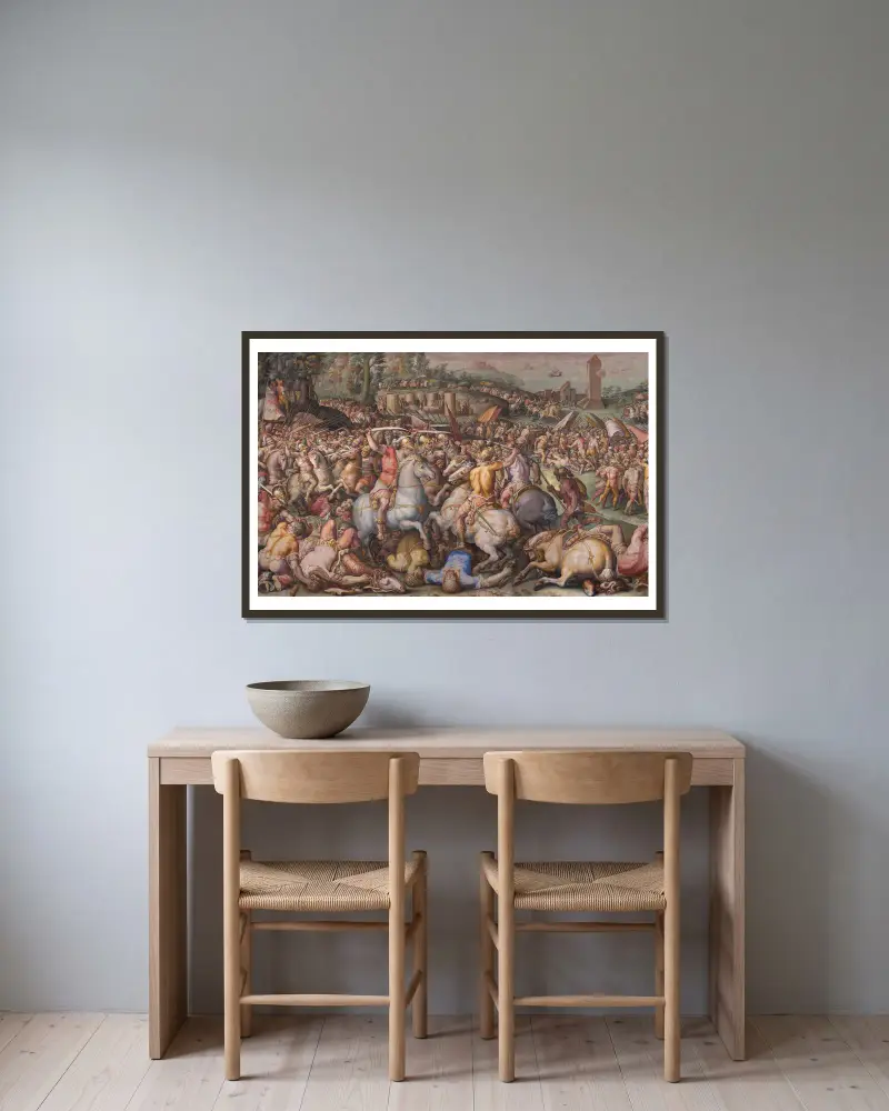 Die Flucht der Pisaner bei Torre San Vincenzo von Giorgio Vasari gerahmt an einer Wand