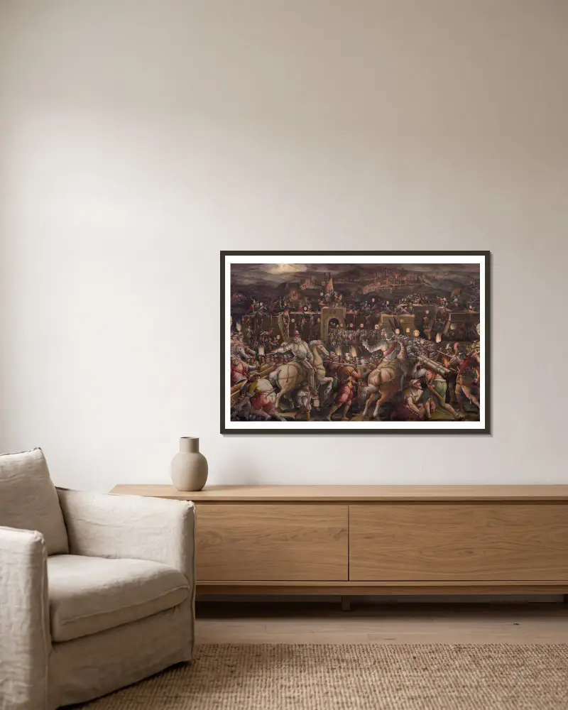 Stormningen av fästningen vid Porta Camollia i Siena av Giorgio Vasari inramad på en vägg