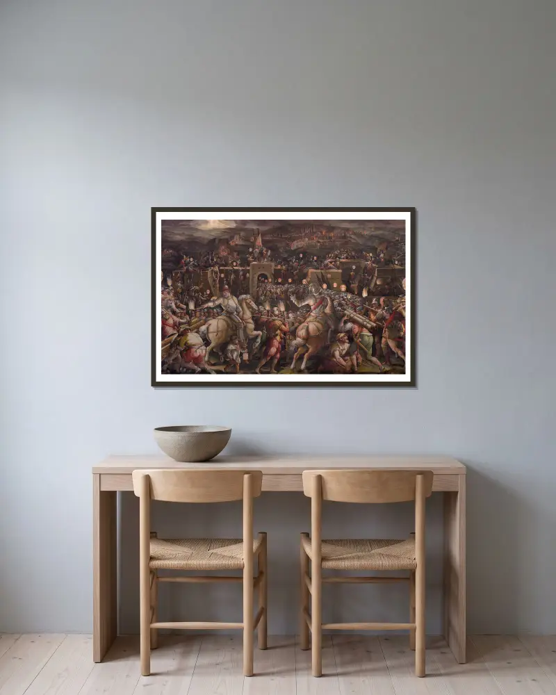 Stormningen av fästningen vid Porta Camollia i Siena av Giorgio Vasari inramad på en vägg