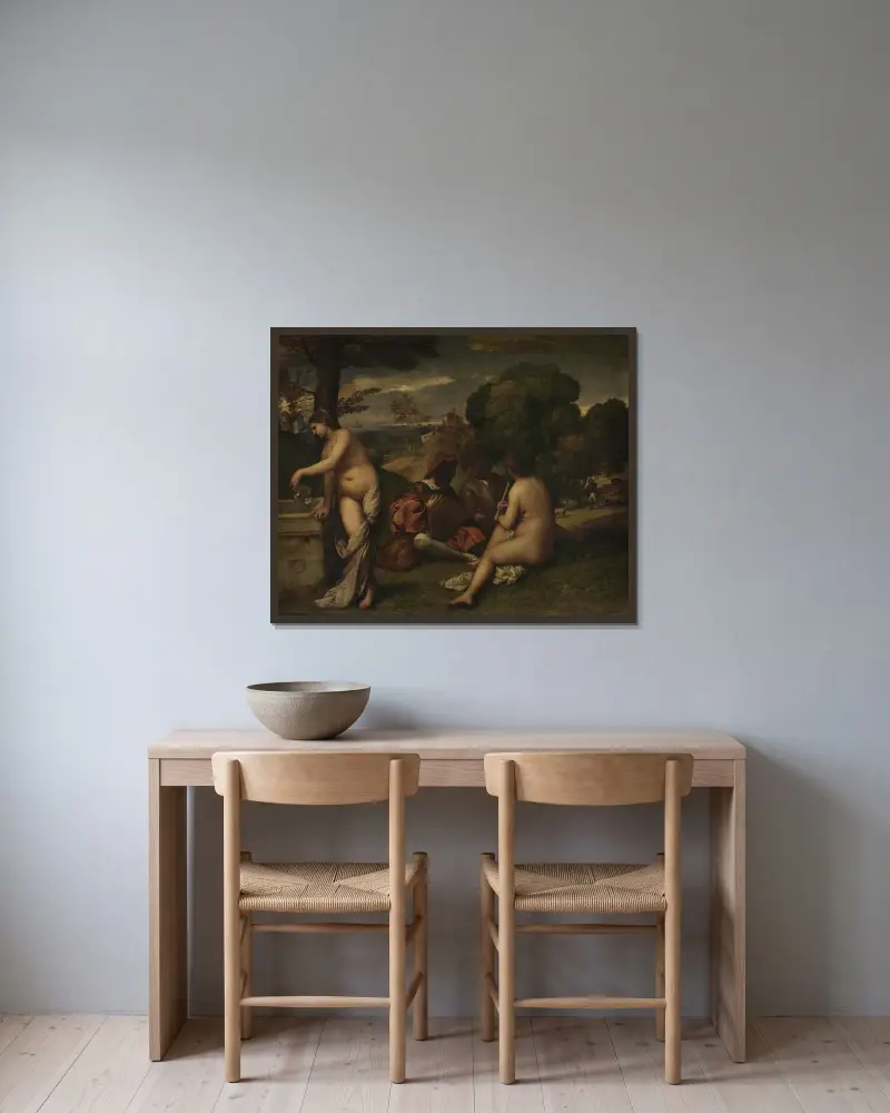 Pastoralkonzert von Giorgione gerahmt an einer Wand