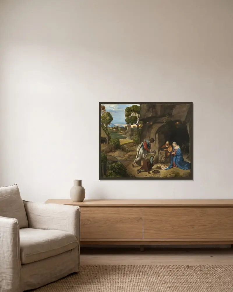 The Adoration of the Shepherds, Giorgione w ramie na ścianie