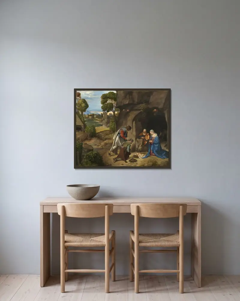 The Adoration of the Shepherds, Giorgione w ramie na ścianie