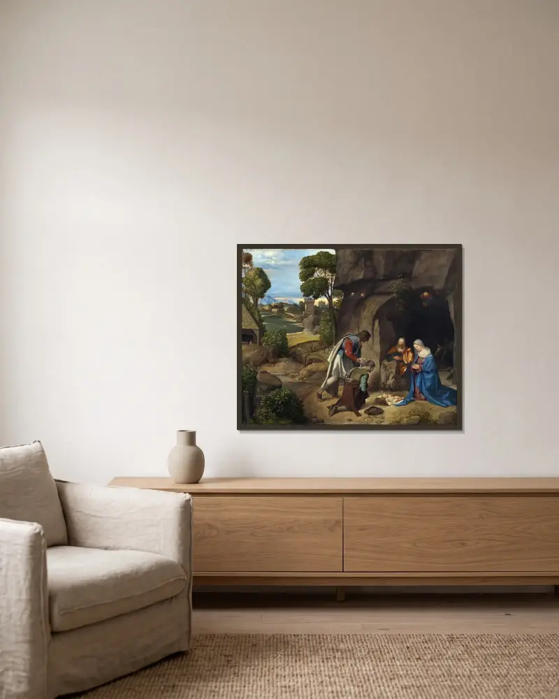 The Adoration of the Shepherds, Giorgione w ramie na ścianie