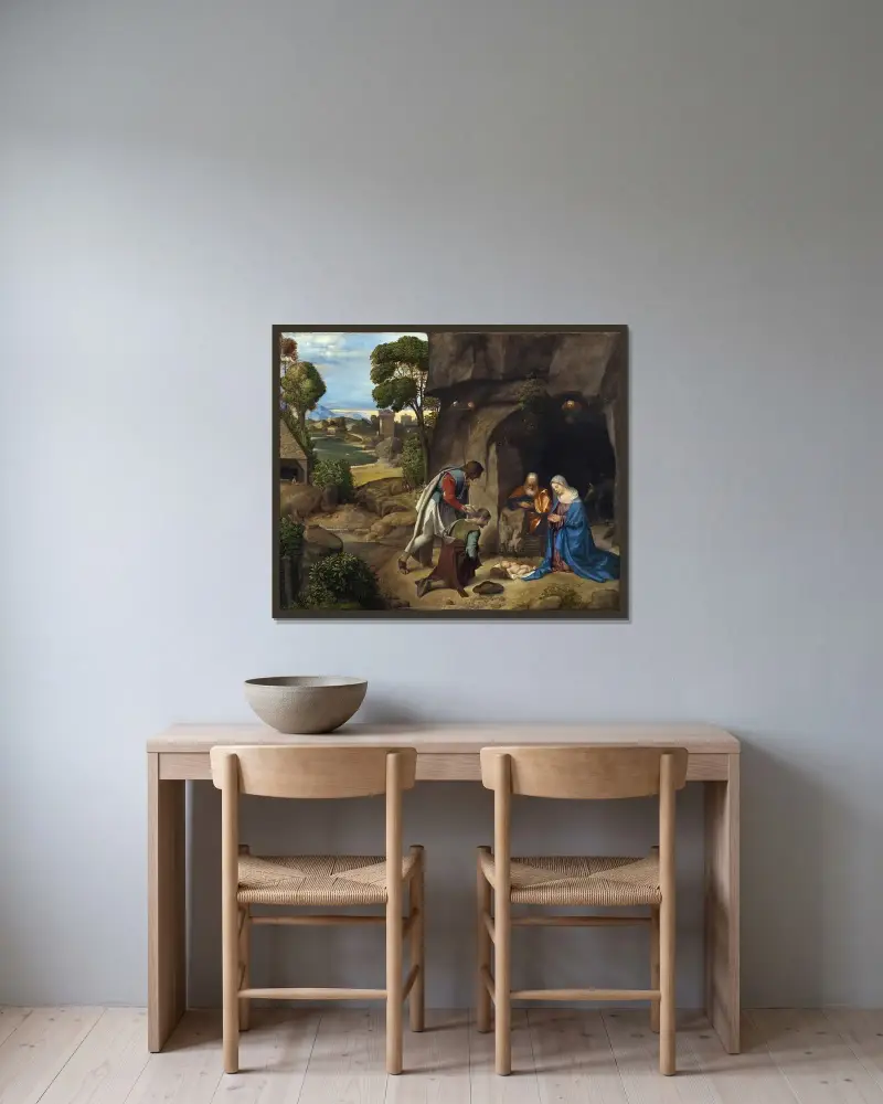 The Adoration of the Shepherds, Giorgione w ramie na ścianie