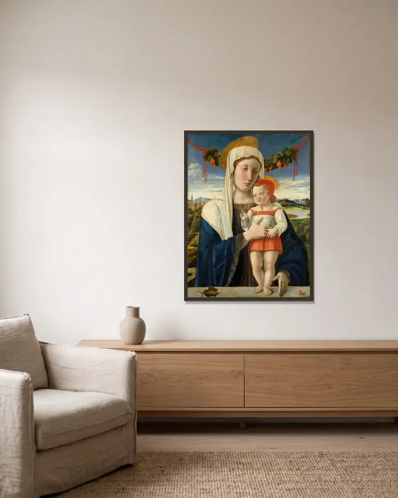 Madonna and Child, 1470 av Giovanni Bellini inramad på en vägg