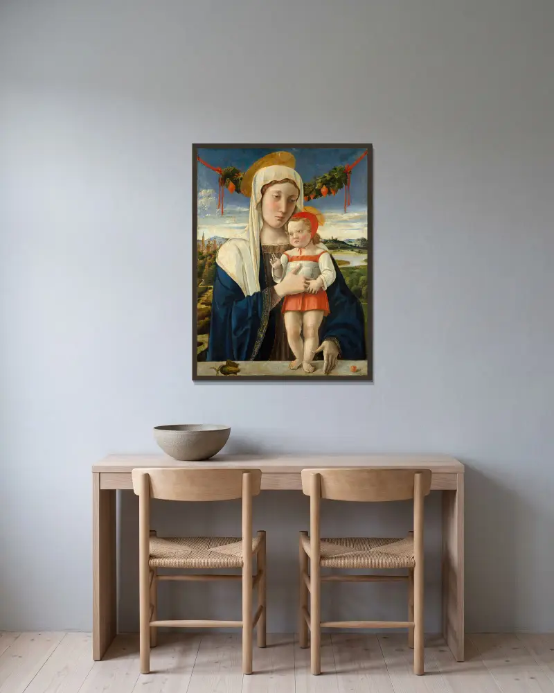 Madonna and Child, 1470 av Giovanni Bellini inramad på en vägg