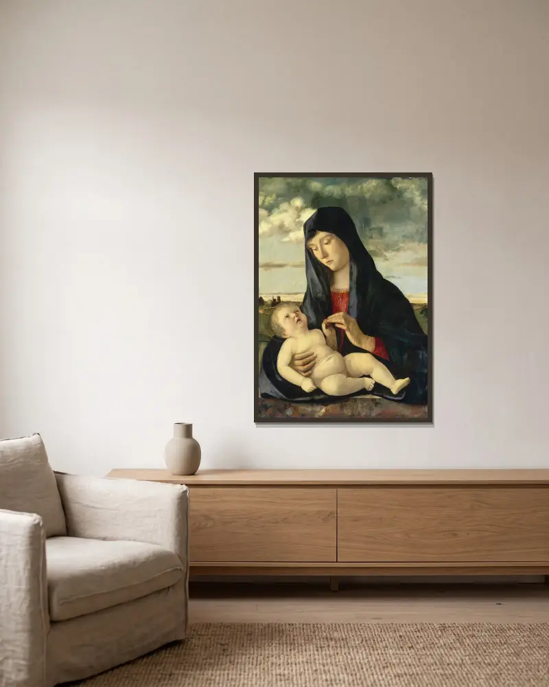 Madonnan med barnet i ett landskap av Giovanni Bellini inramad på en vägg