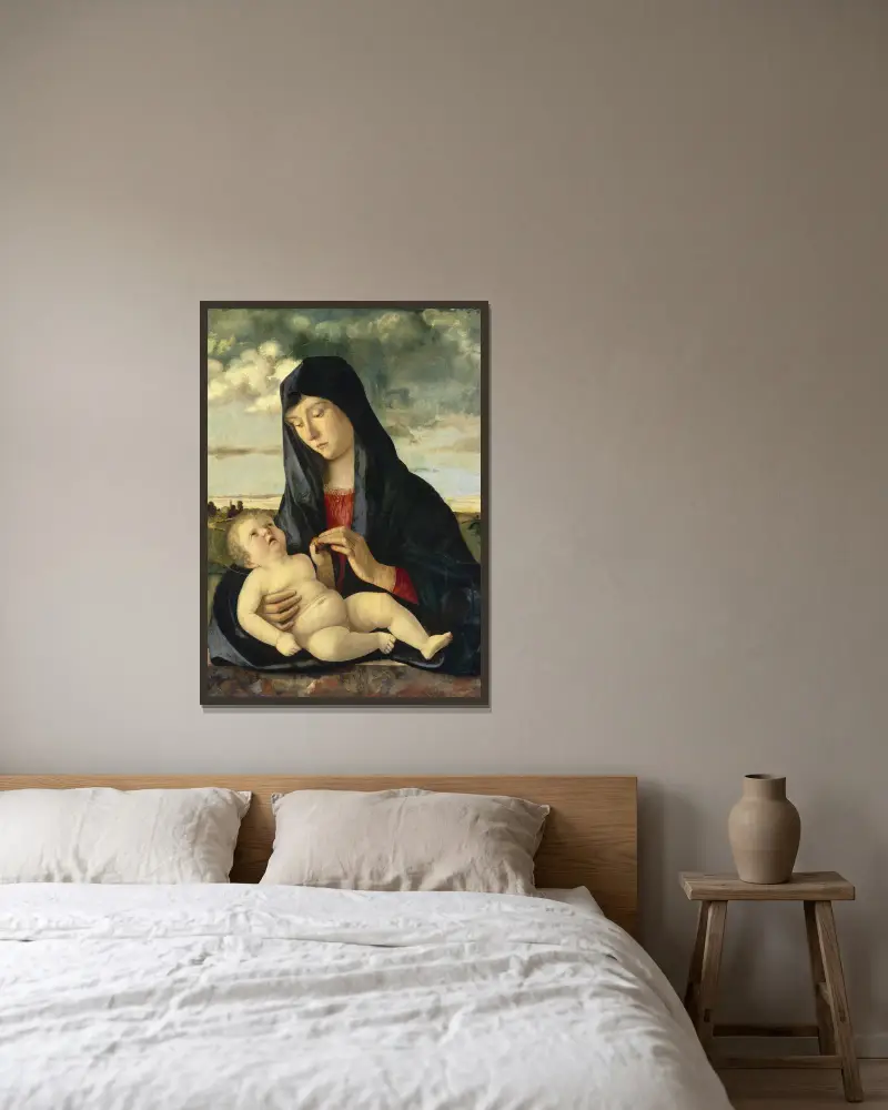 Madonnan med barnet i ett landskap av Giovanni Bellini inramad på en vägg