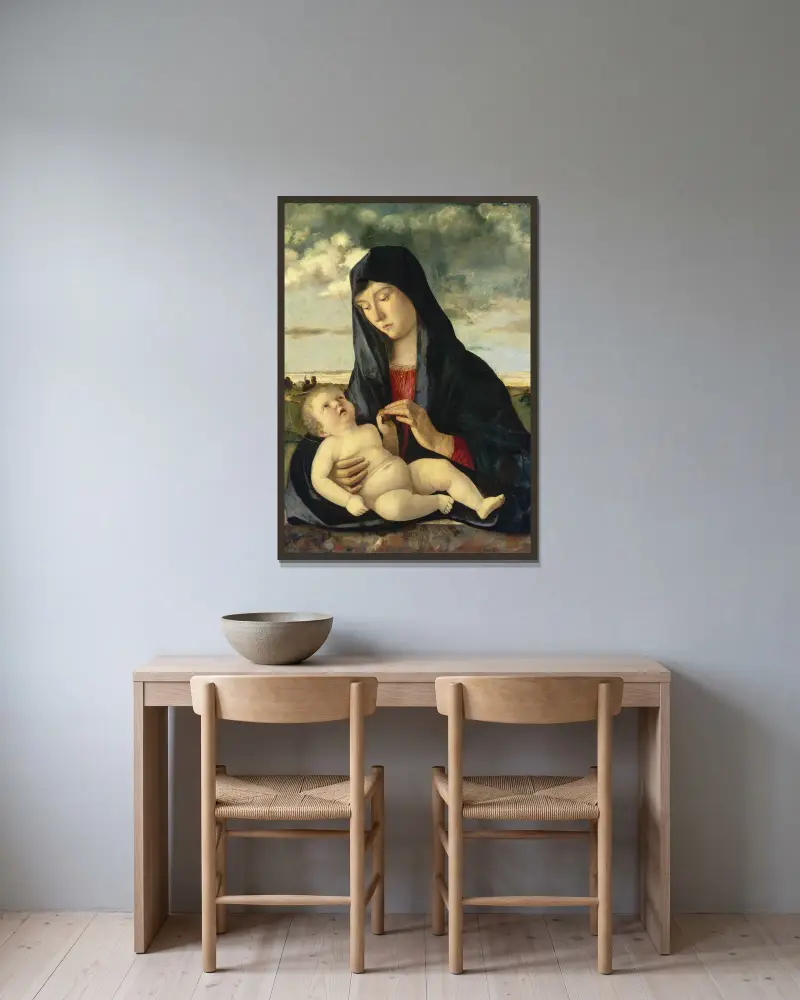 Madonnan med barnet i ett landskap av Giovanni Bellini inramad på en vägg