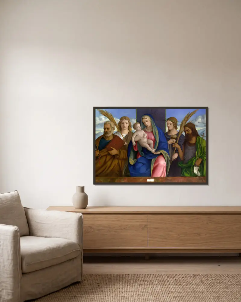 Madonnan med barnet och helgon av Giovanni Bellini inramad på en vägg