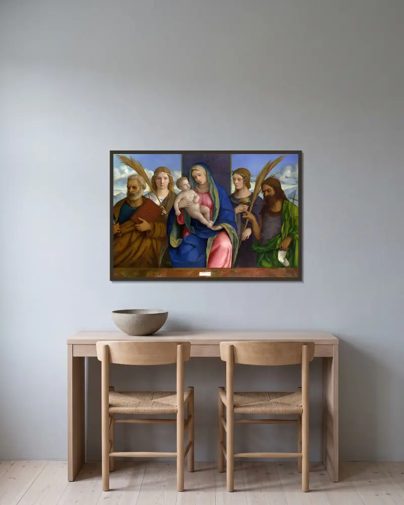 Madonnan med barnet och helgon av Giovanni Bellini inramad på en vägg
