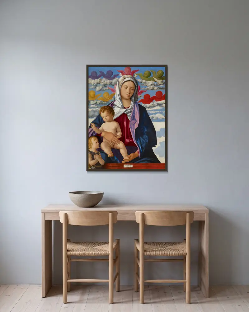 Madonna And Child With St. John The Baptist av Giovanni Bellini inramad på en vägg
