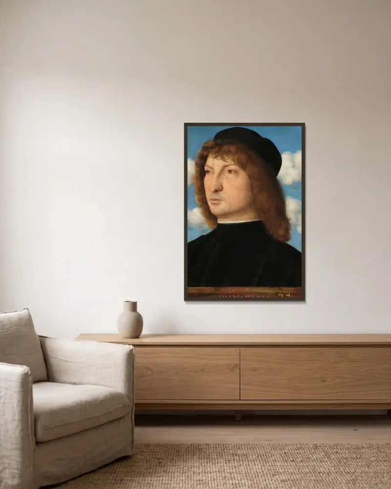 Porträtt av en venetiansk herre av Giovanni Bellini inramad på en vägg