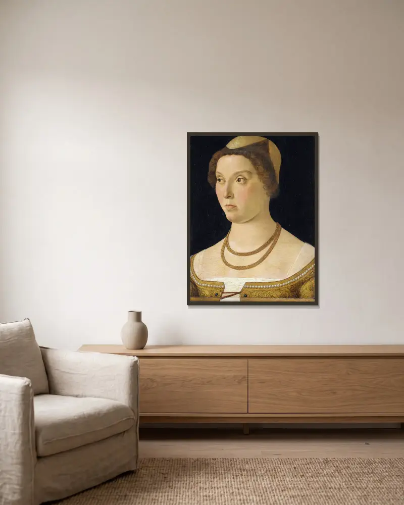 Porträtt av en kvinna av Giovanni Bellini inramad på en vägg