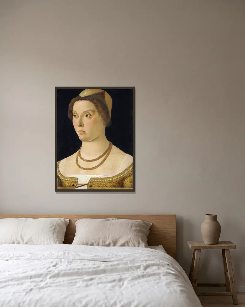 Porträtt av en kvinna av Giovanni Bellini inramad på en vägg