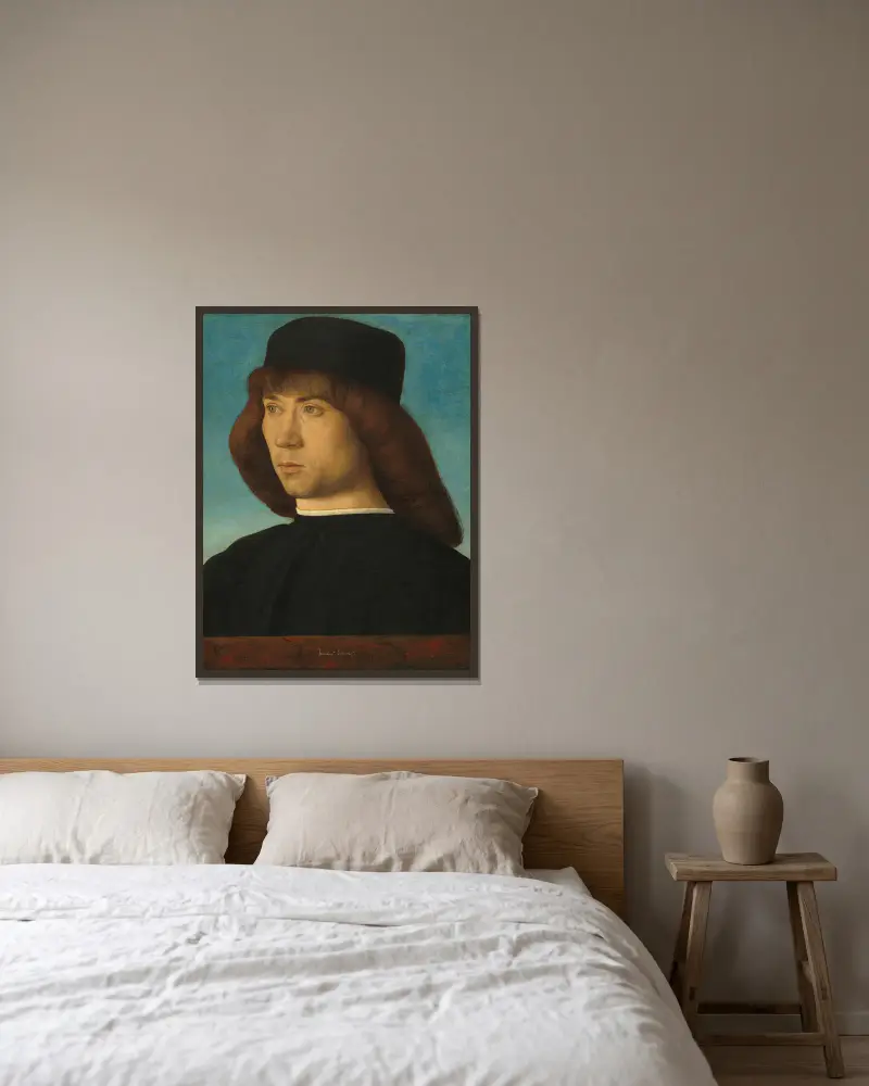 Porträtt av en ung man, 1490 – nr 2 av Giovanni Bellini inramad på en vägg