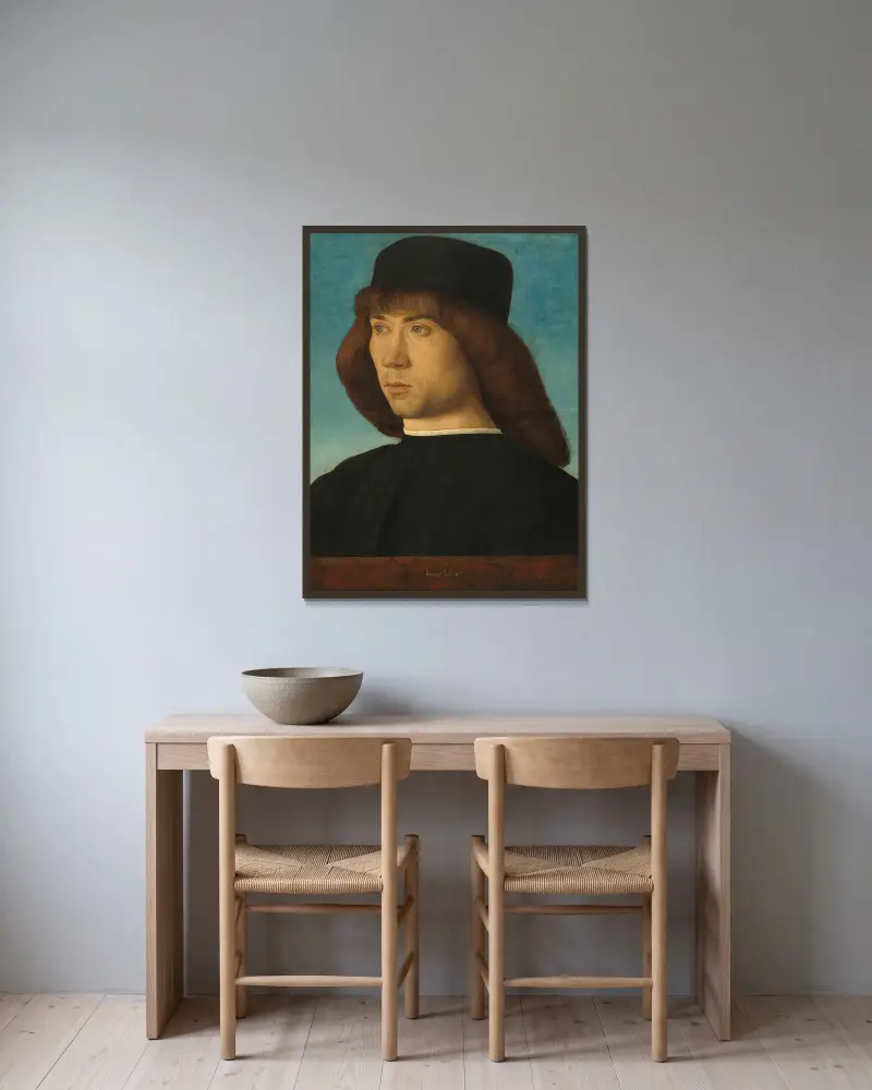Porträtt av en ung man, 1490 – nr 2 av Giovanni Bellini inramad på en vägg