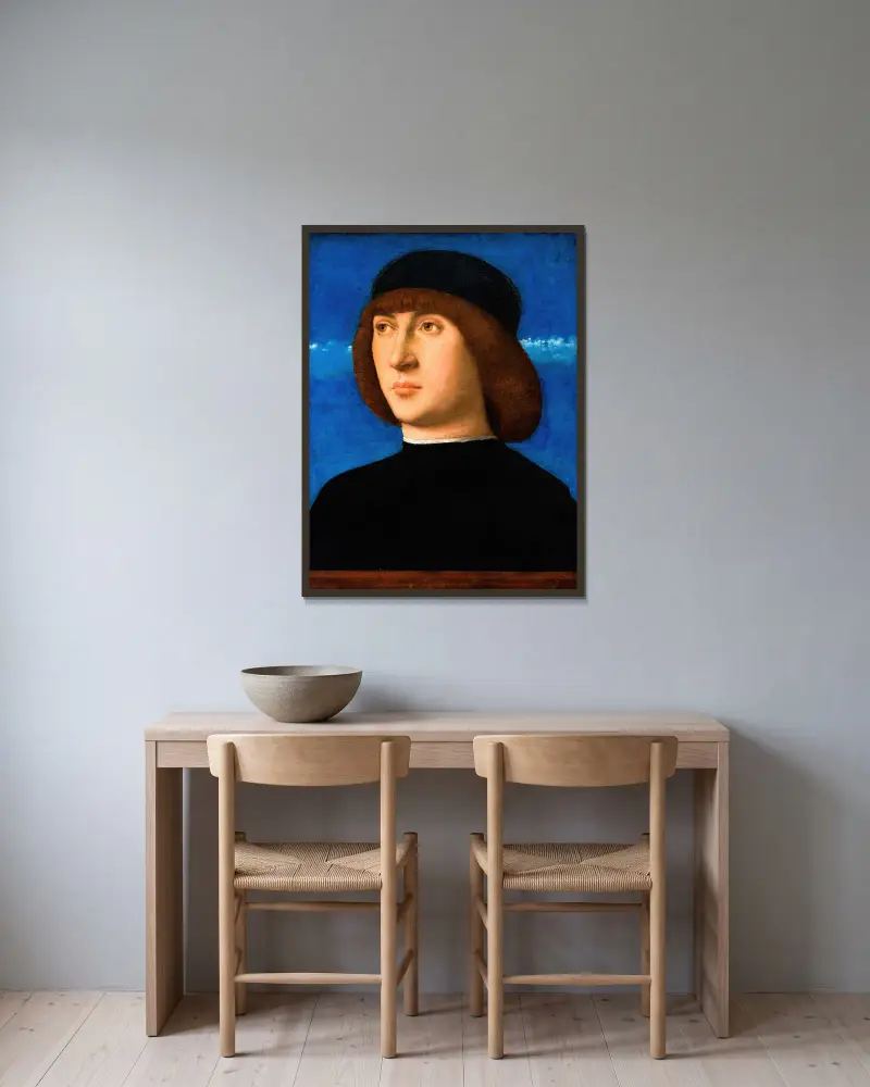 Porträtt av en ung man, 1490 – nr 1 av Giovanni Bellini inramad på en vägg