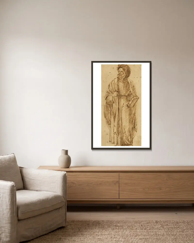 Stående man med turban av Giovanni Bellini inramad på en vägg