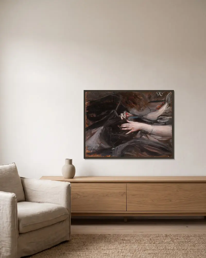 Kvinnohänder som syr av Giovanni Boldini inramad på en vägg