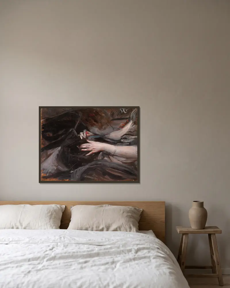 Kvinnohänder som syr av Giovanni Boldini inramad på en vägg