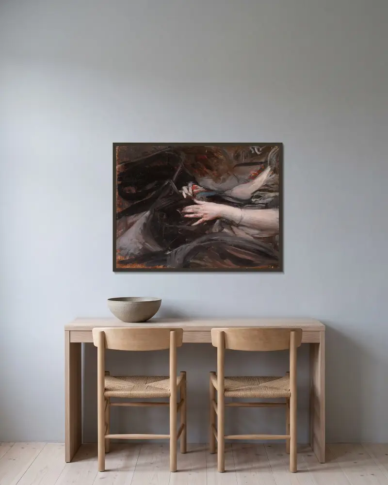 Kvinnohänder som syr av Giovanni Boldini inramad på en vägg