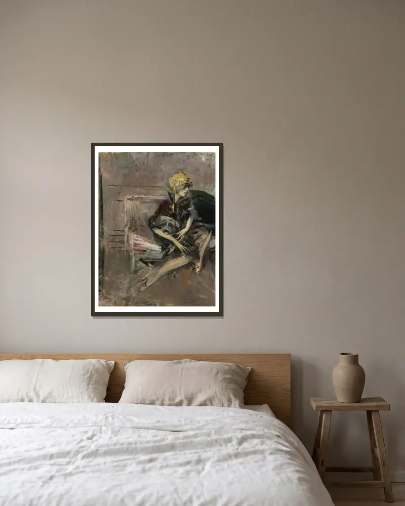 Dame mit gelbem Hut und ihrem Hund (Marchesa Casati) von Giovanni Boldini gerahmt an einer Wand