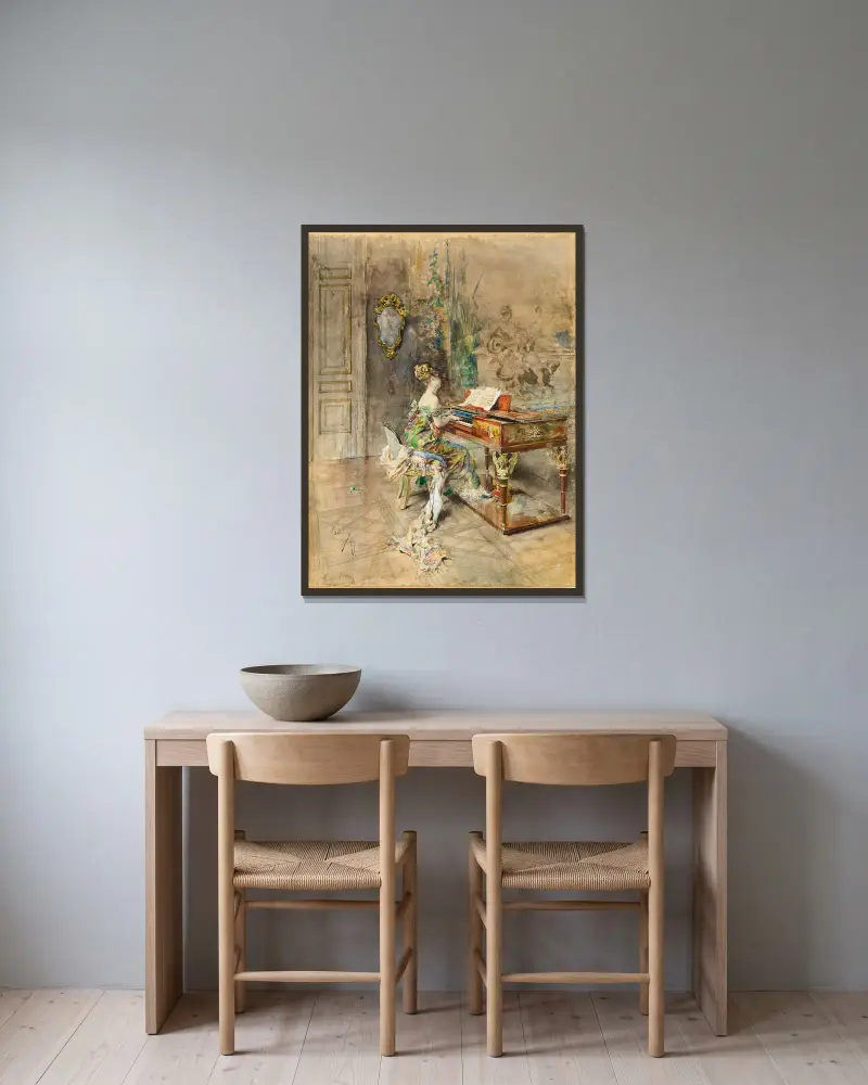 Pianista in abito settecentesco av Giovanni Boldini inramad på en vägg