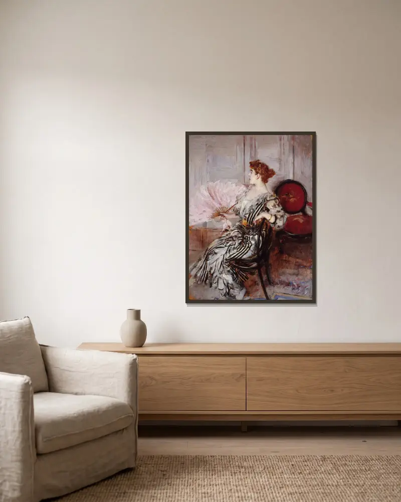 Porträtt av Madame Torri, dansös vid operan av Giovanni Boldini inramad på en vägg