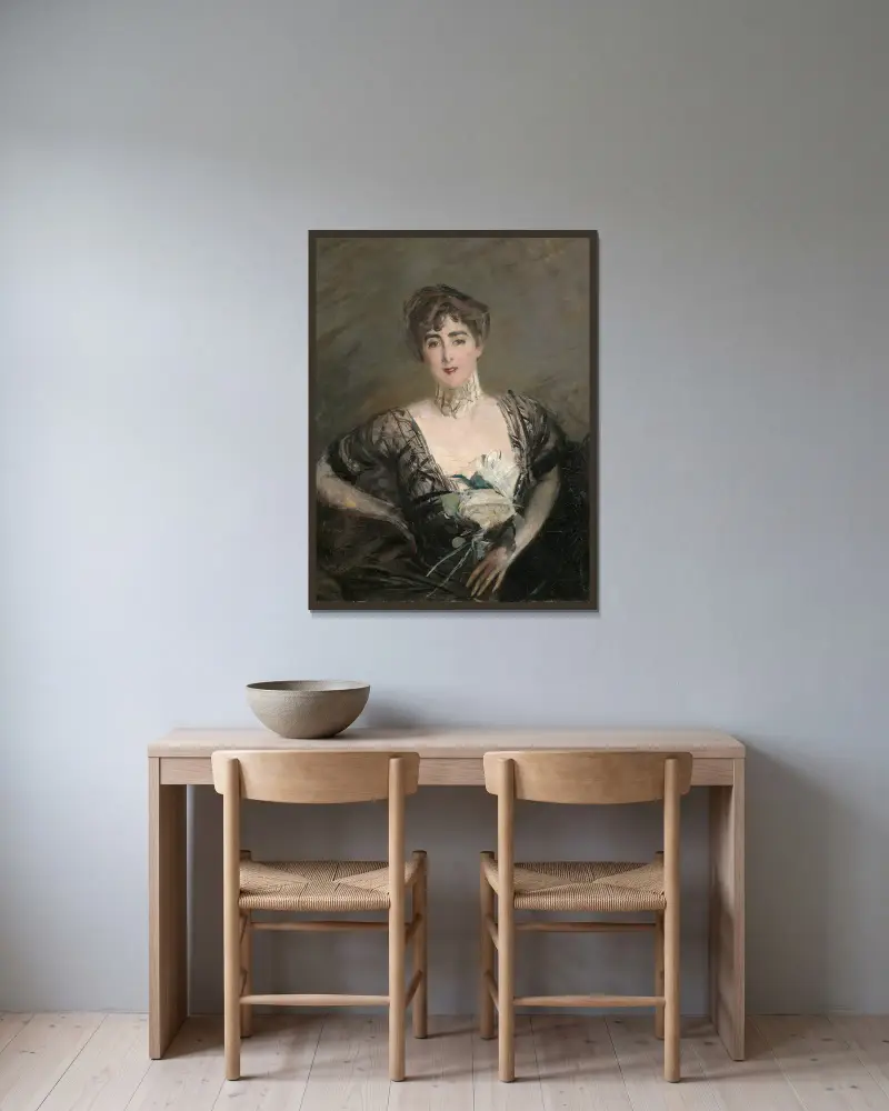 Porträtt av Josefina Alvear de Errázuriz av Giovanni Boldini inramad på en vägg