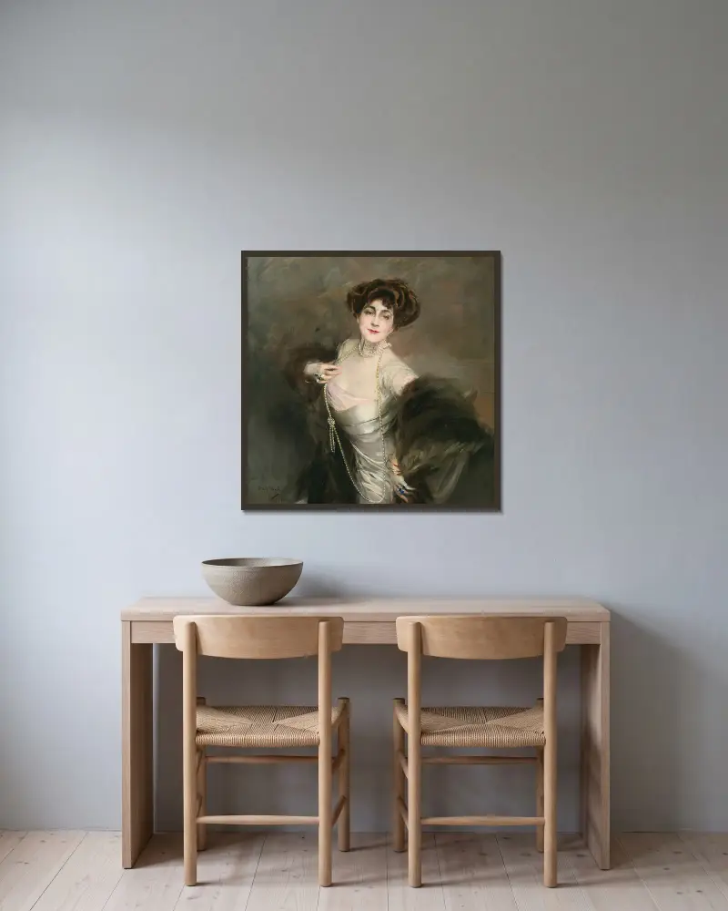 Porträtt av Diaz Albertini av Giovanni Boldini inramad på en vägg