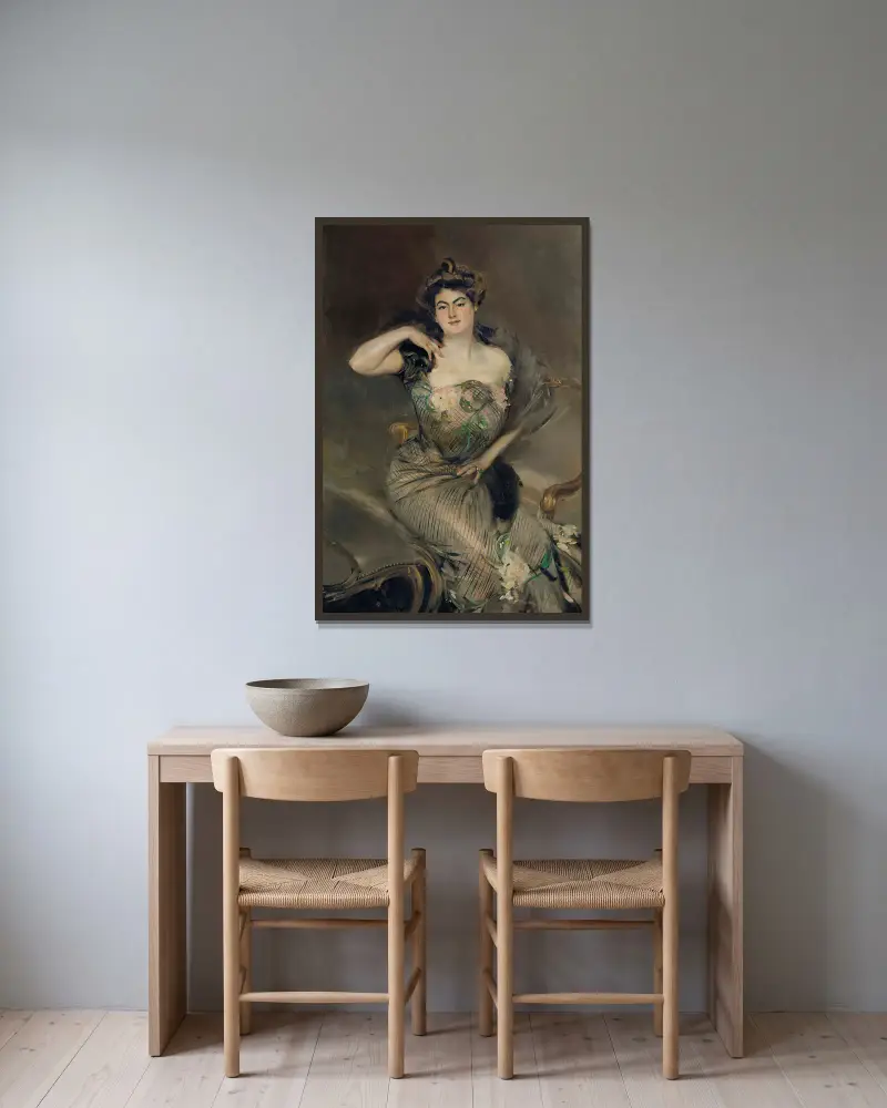 Porträtt av Madame Arnold Seligmann av Giovanni Boldini inramad på en vägg