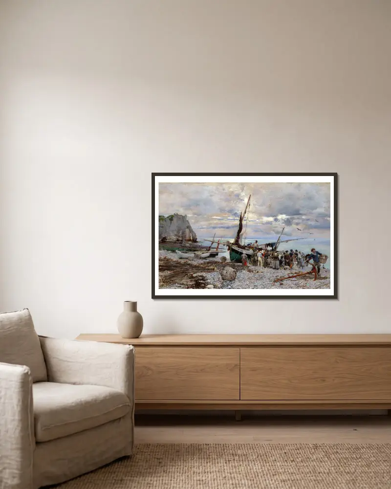 Fiskebåtarnas återkomst, Étretat av Giovanni Boldini inramad på en vägg